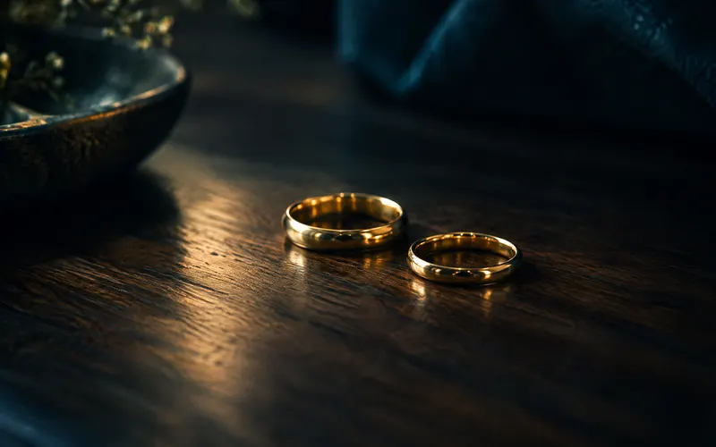 Two wedding rings resting apart on a wooden table, representing divorce and family law in Iowa and Illinois