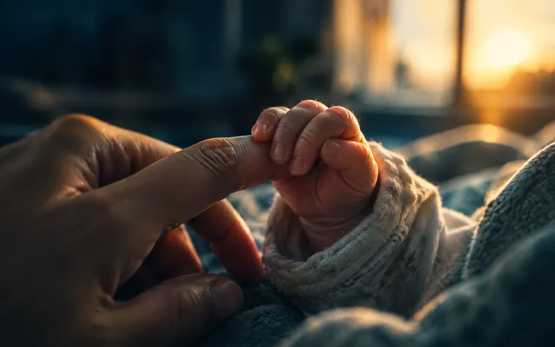Newborn's hand holding an adult's finger, representing family and medical leave under the FMLA