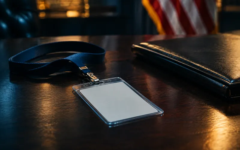 Blank ID badge on a desk with an American flag behind it, representing federal employee discrimination claims
