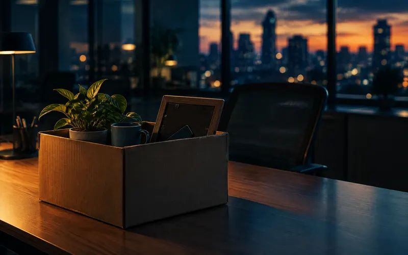 Box of personal belongings on an office desk after a job loss, representing Davenport employment law
