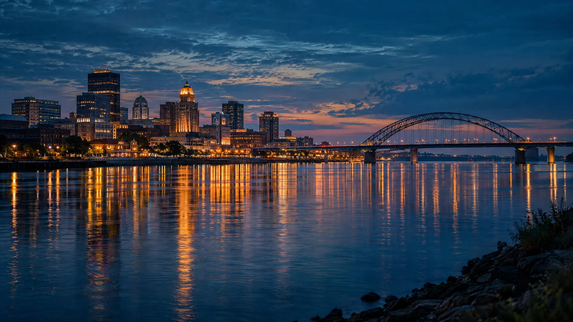 Mississippi River and bridge at blue hour near Davenport, Iowa, in the Quad Cities