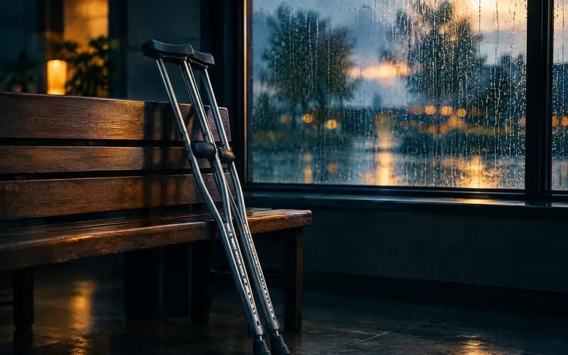 Crutches leaning against a bench by a rainy window, representing personal injury recovery in Davenport, Iowa