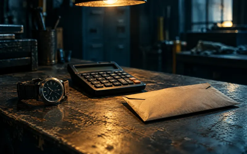 Wristwatch, calculator and pay envelope on a workbench, representing unpaid wage and overtime claims